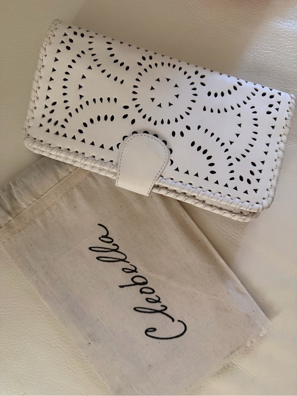 Cleobella White Laser-Cut Leather Wallet Clutch